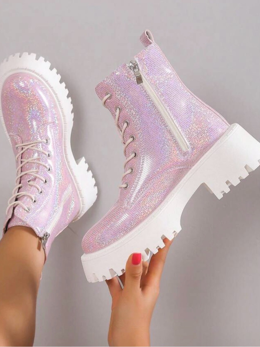 Women's Pink Iridescent Chunky Lace-Up Boots